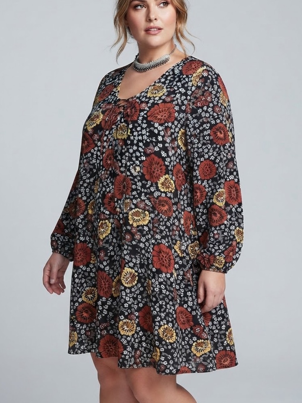 JOE FRESH Black Floral Lace-Up Long Sleeve Dress with Rust & Yellow Flowers XL